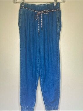 Zara Blue Denim Joggers with White Drawstring